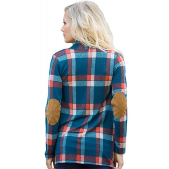 🍁HP🍁1 Left: Small•Teal Plaid Cardigan with elbow patches - Picture 2 of 7